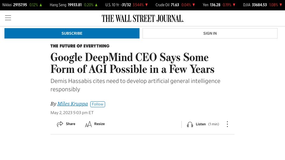 Screenshot of wsj.com: Google DeepMind CEO says some form of AGI possible in a few years