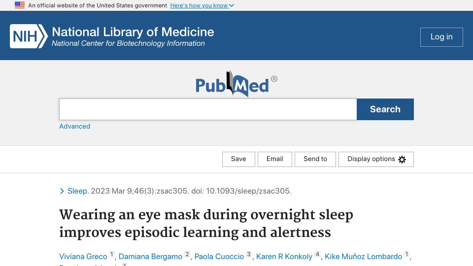 Screenshot of pubmed.ncbi.nlm.nih.gov: Wearing an eye mask during sleep improves episodic learning and alertness