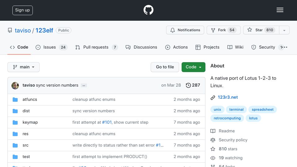 Screenshot of github.com: Lotus 1-2-3 for Linux