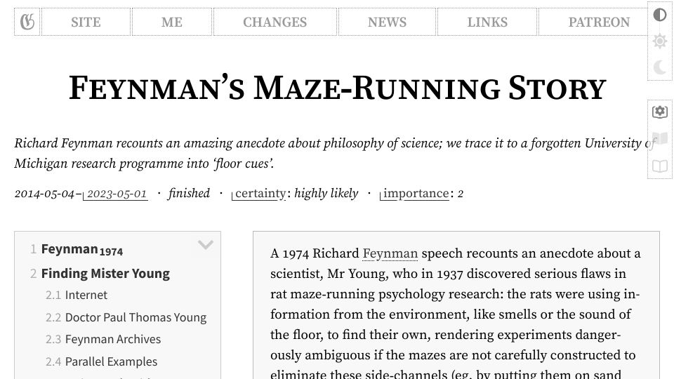 Screenshot of gwern.net: Feynman’s Maze-Running Story