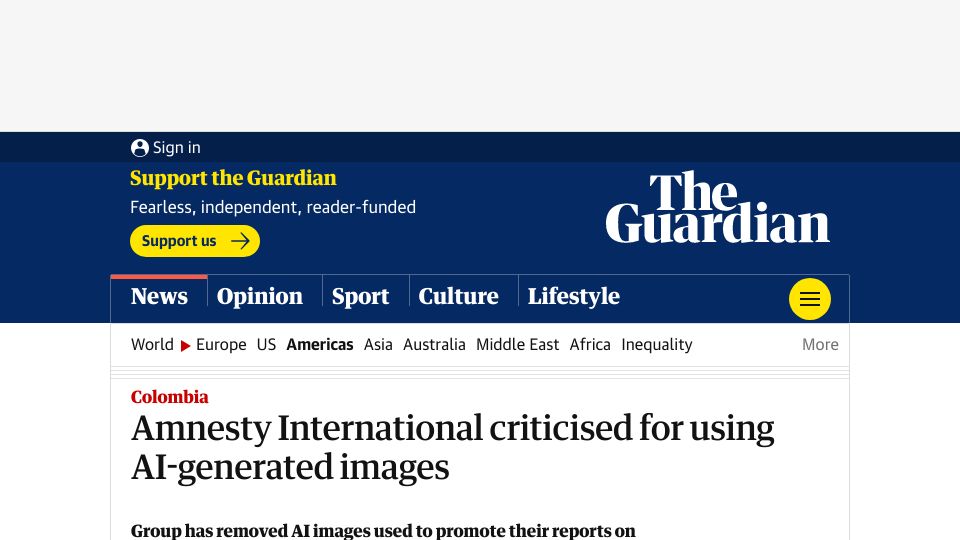 Screenshot of theguardian.com: Amnesty International criticised for using AI-generated images