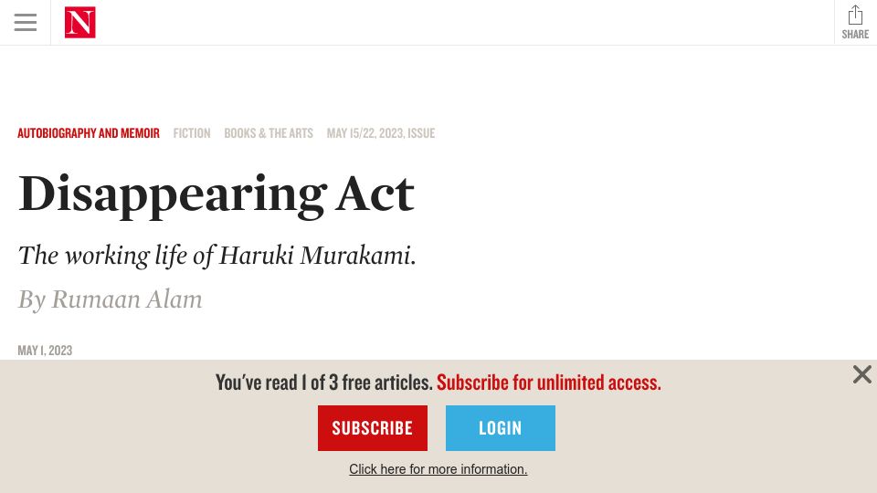 Screenshot of thenation.com: Disappearing Act: The working life of Haruki Murakami