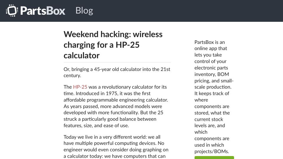 Screenshot of partsbox.com: Weekend hacking: wireless charging for a HP-25 calculator