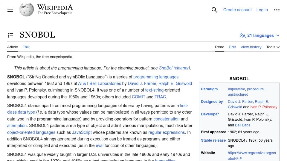 Screenshot of en.wikipedia.org: SNOBOL (“StriNg Oriented and SymBOlic Language”)