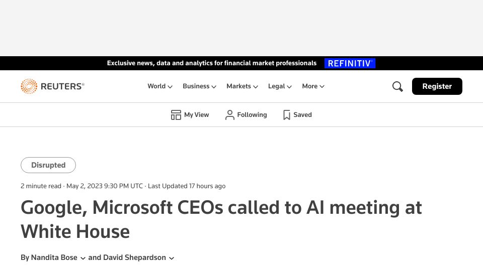 Screenshot of reuters.com: Google, Microsoft CEOs Called to AI Meeting at White House