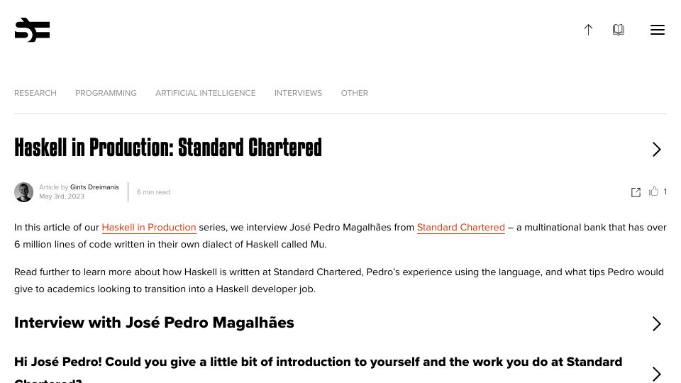 Screenshot of serokell.io: Haskell in Production: Standard Chartered
