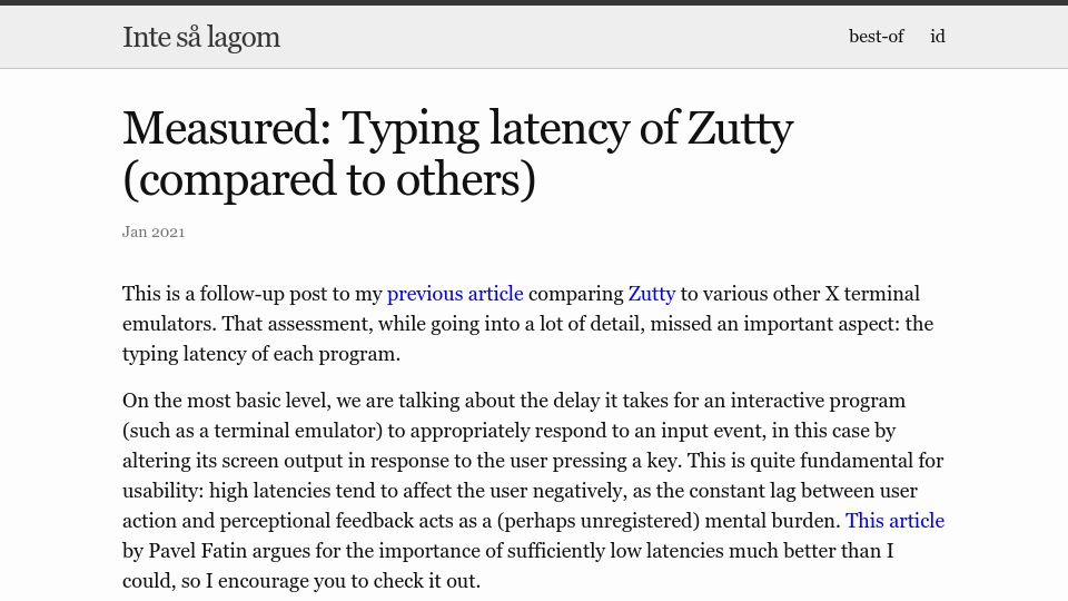 Screenshot of tomscii.sig7.se: Measured: Typing latency of Zutty compared to other terminal emulators (2021)