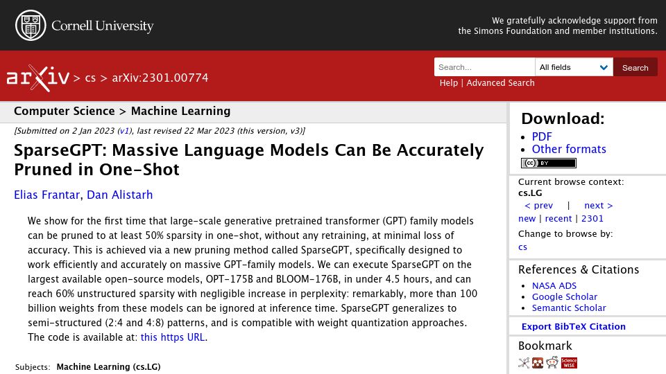 Screenshot of arxiv.org: SparseGPT: Language Models Can Be Accurately Pruned in One-Shot