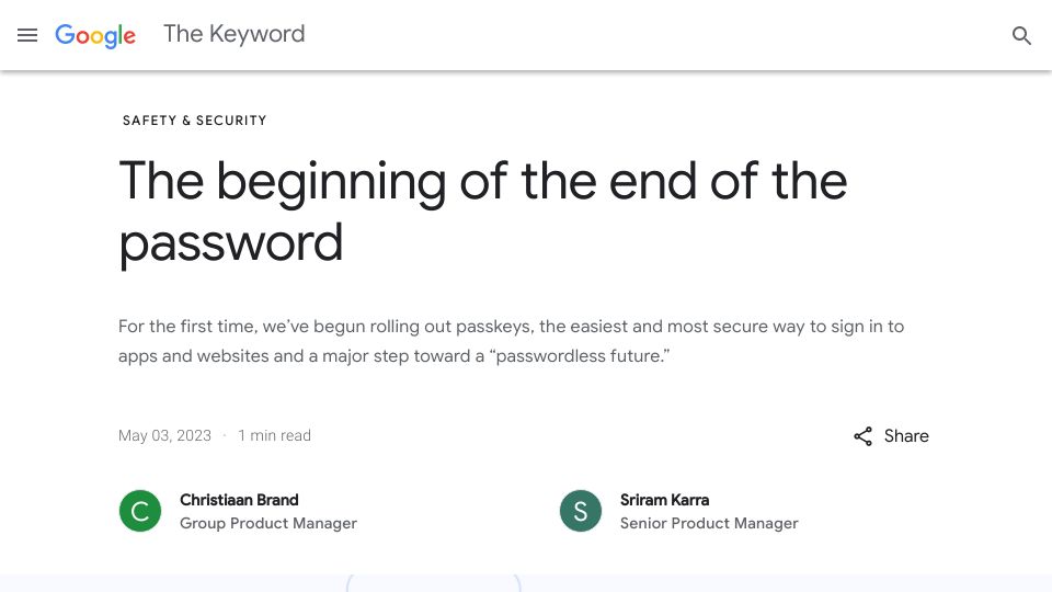 Screenshot of blog.google: Passkeys: The beginning of the end of the password