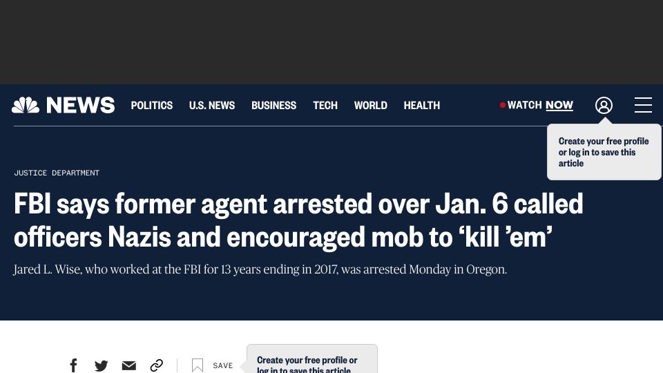 Screenshot of nbcnews.com: FBI Bureau Supervisor Arrested in Connection with Jan 6th Capitol Riot