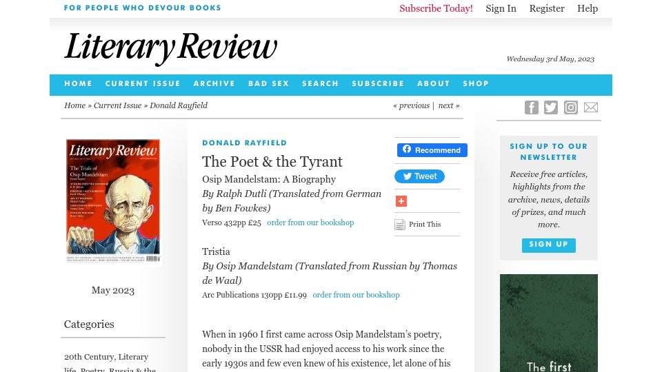 Screenshot of literaryreview.co.uk: The Poet and the Tyrant: Osip Mandelstam