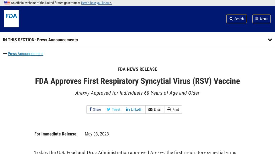 Screenshot of fda.gov: FDA Approves First Respiratory Syncytial Virus (RSV) Vaccine