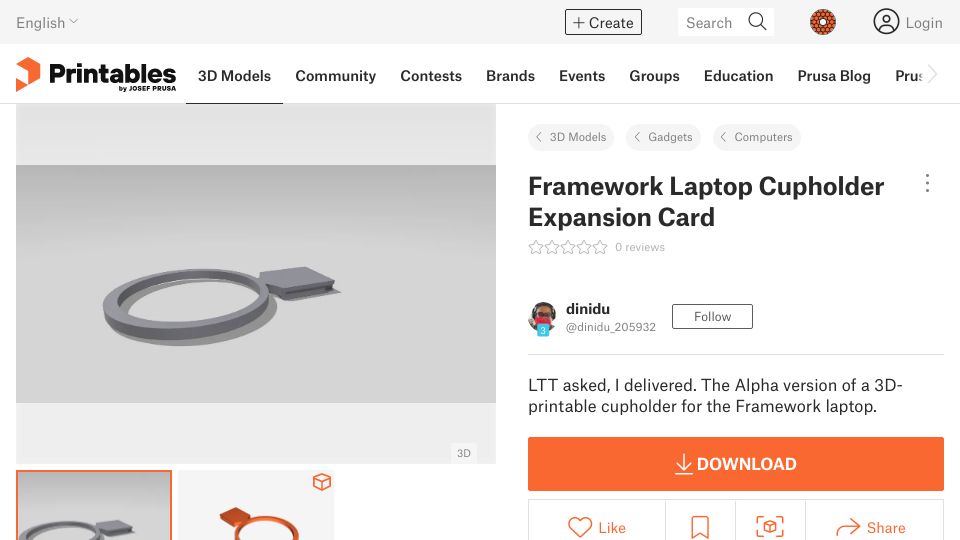 Screenshot of printables.com: Framework Laptop Cupholder Expansion Card
