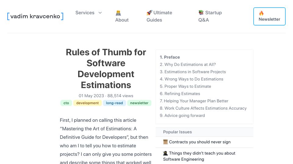 Screenshot of vadimkravcenko.com: Rules of thumb for software development estimations