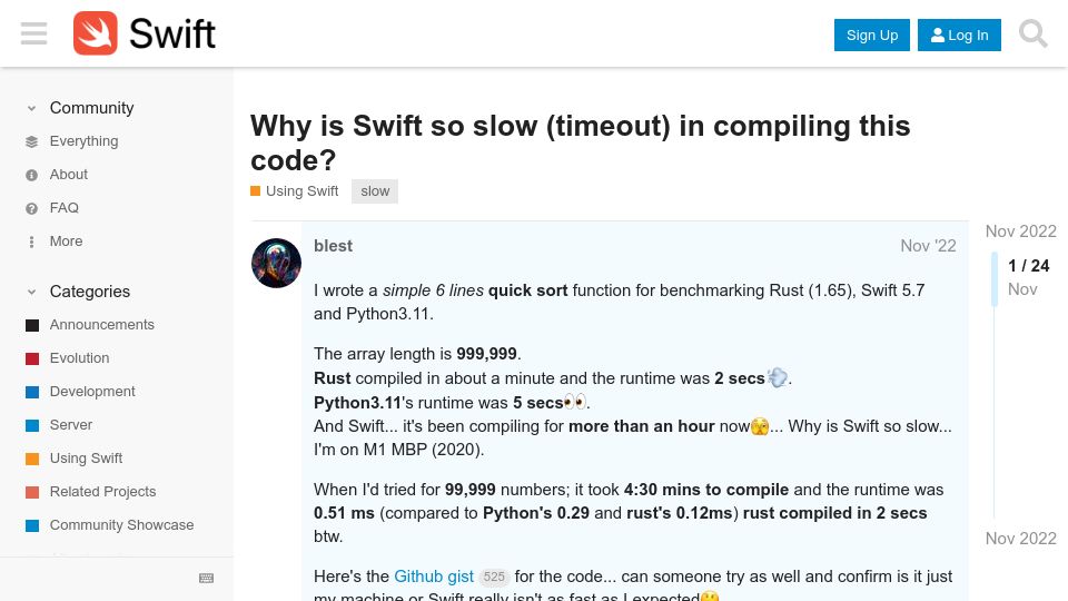 Screenshot of forums.swift.org: Why is Swift so slow (timeout) in compiling this code? (2022)