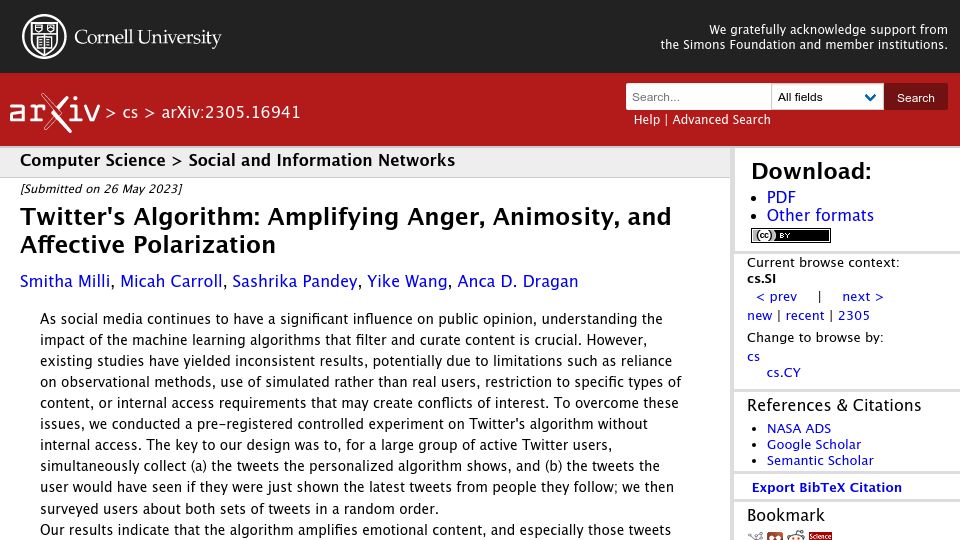 Screenshot of arxiv.org: Twitter's Algorithm: Amplifying Anger, Animosity, and Affective Polarization