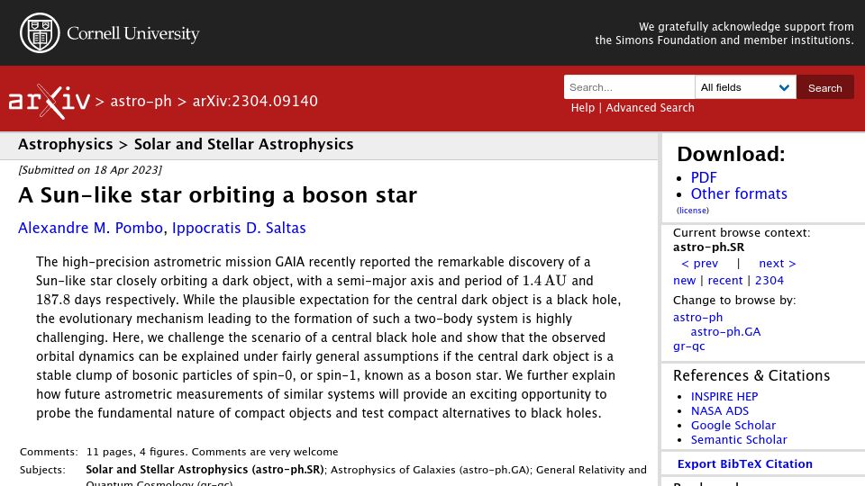 Screenshot of arxiv.org: A Sun-like star orbiting a boson star