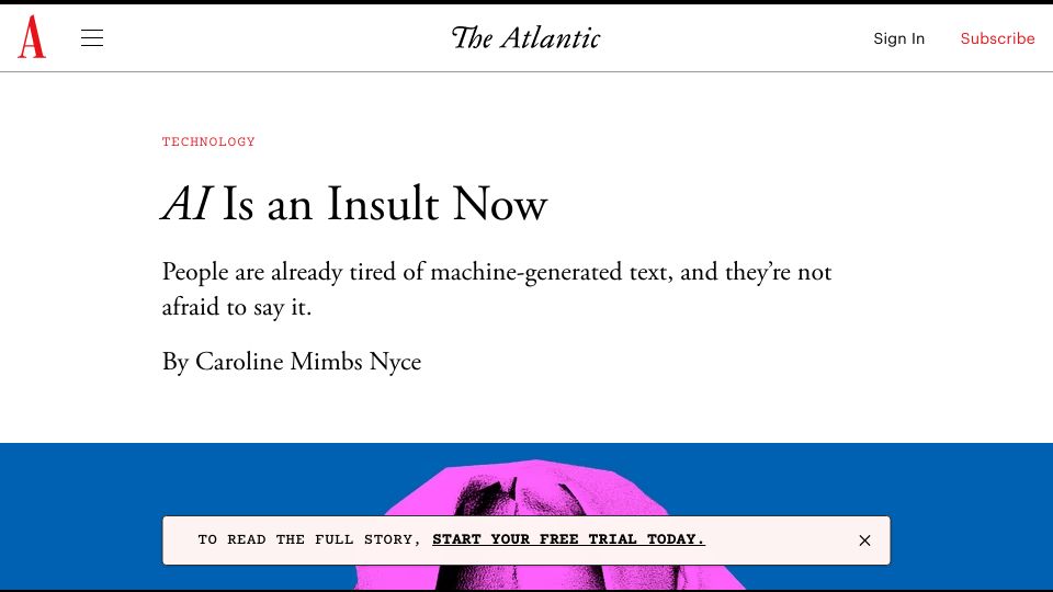 Screenshot of theatlantic.com: AI Is an Insult Now
