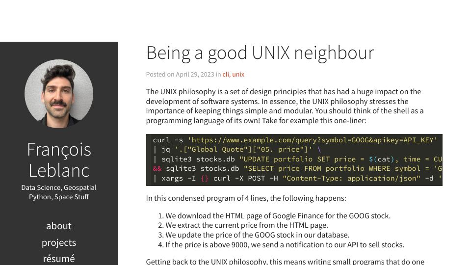 Screenshot of leblancfg.com: Being a Good Unix Neighbour