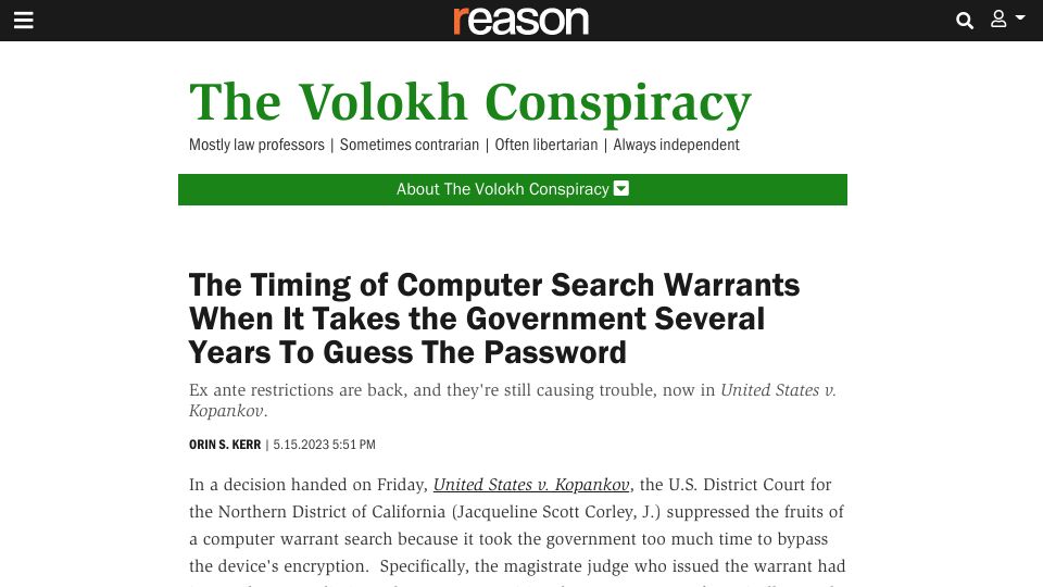 Screenshot of reason.com: The timing of computer search warrants when it takes years to guess the password