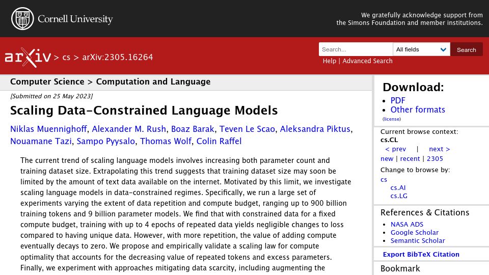 Screenshot of arxiv.org: Scaling Data-Constrained Language Models
