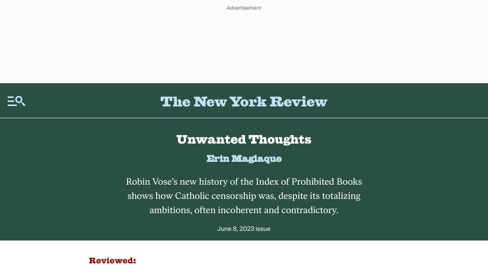 Screenshot of nybooks.com: Unwanted Thoughts: a new history of the Index of Prohibited Books