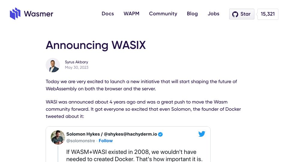 Screenshot of wasmer.io: WASIX, the Superset of WASI Supporting Threads, Processes and Sockets