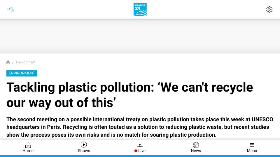 Screenshot of france24.com: Tackling plastic pollution: ‘We can't recycle our way out of this’