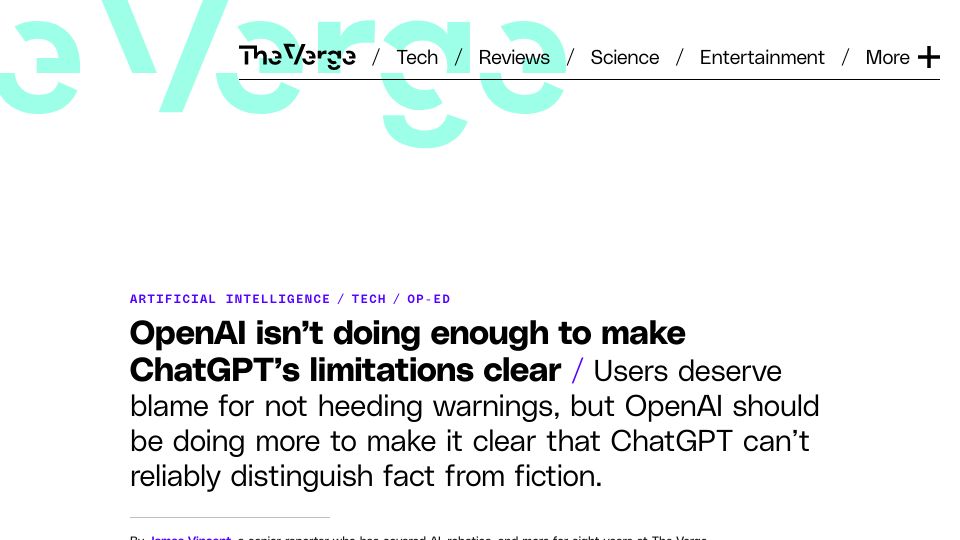 Screenshot of theverge.com: OpenAI isn’t doing enough to make ChatGPT’s limitations clear