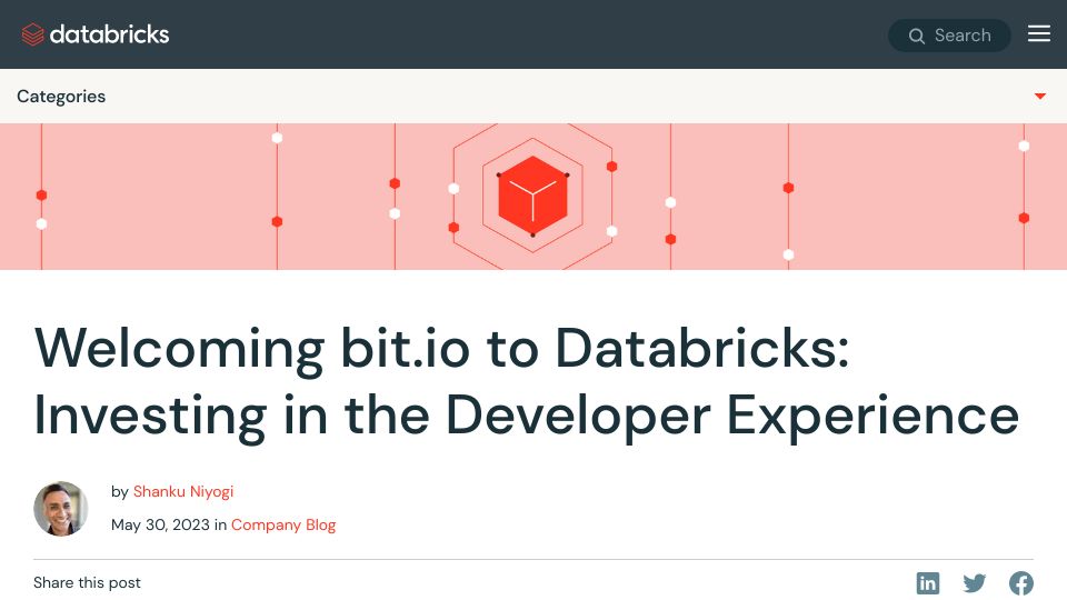 Screenshot of databricks.com: Databricks acquires serverless Postgres vendor bit.io