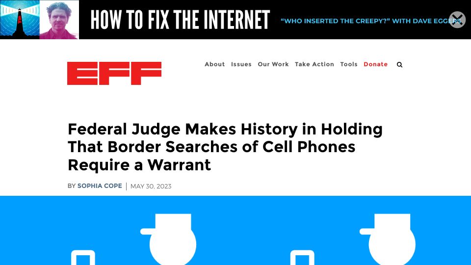 Screenshot of eff.org: Federal judge: Border searches of cell phones require a warrant