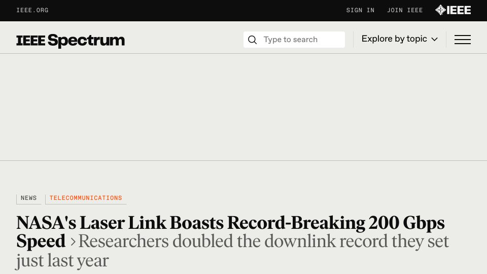 Screenshot of spectrum.ieee.org: NASA's Laser Link Boasts Record-Breaking 200 Gbps Speed