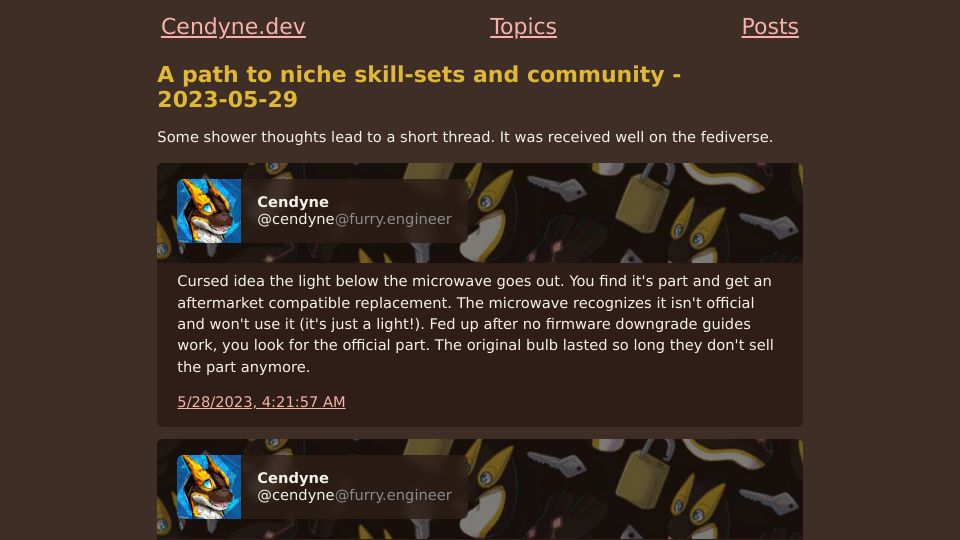 Screenshot of cendyne.dev: A path to niche skill-sets and community