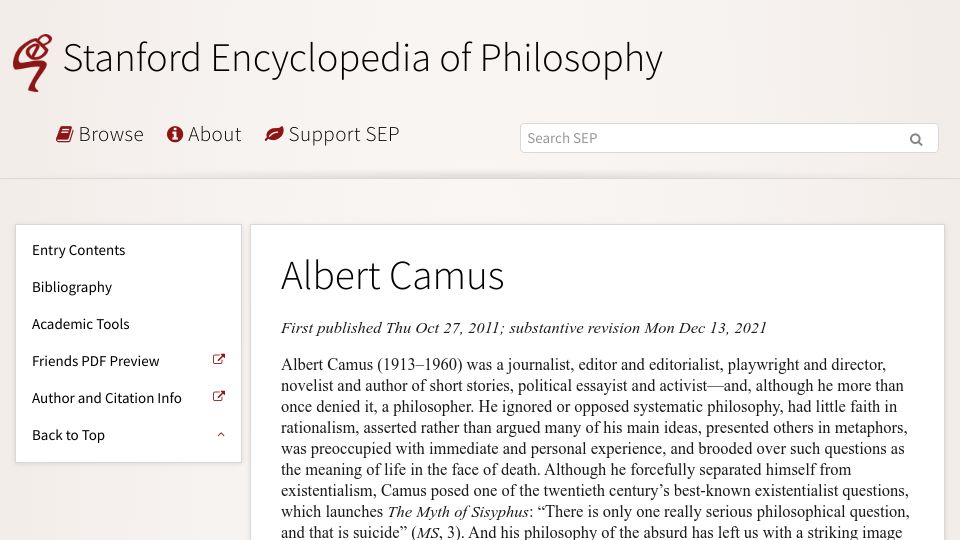 Screenshot of plato.stanford.edu: Albert Camus