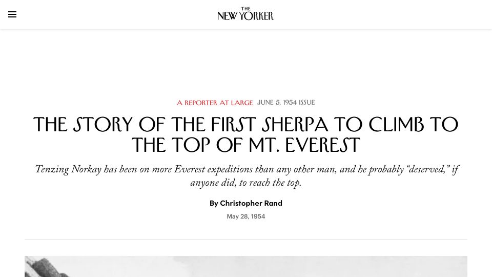 Screenshot of newyorker.com: The First Sherpa to Climb to the Top of Mt. Everest (1954)