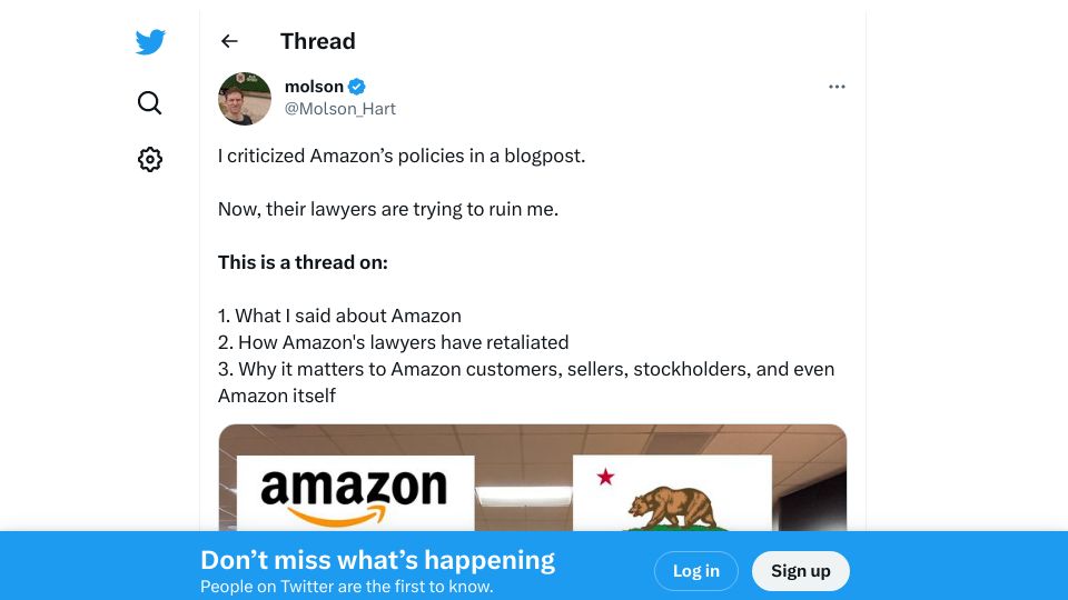 Screenshot of twitter.com: I criticized Amazon’s policies in a blog – their lawyers have subpoenaed me