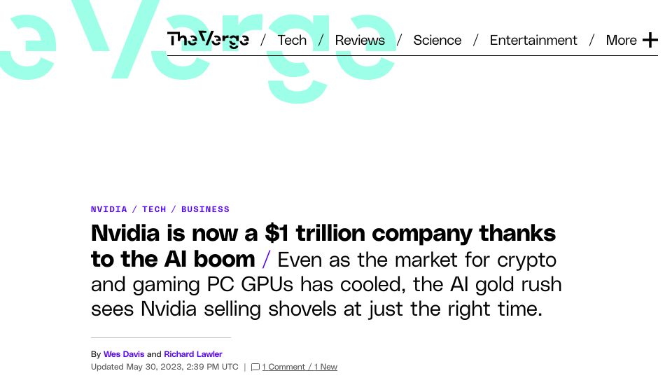 Screenshot of theverge.com: Nvidia is now a $1T company
