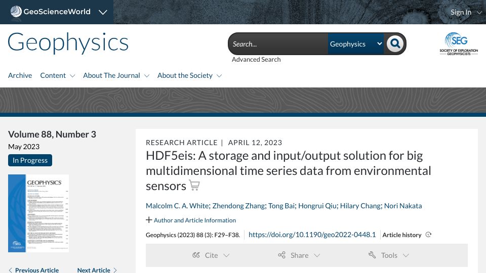 Screenshot of pubs.geoscienceworld.org: HDF5eis: Storage IO solution for big multidimensional time series sensor data
