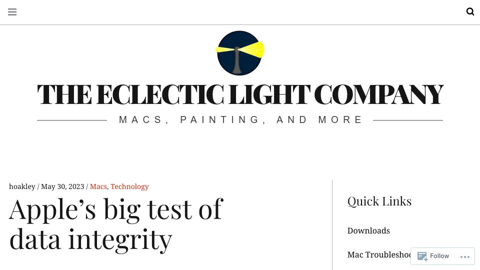 Screenshot of eclecticlight.co: Apple’s big test of data integrity