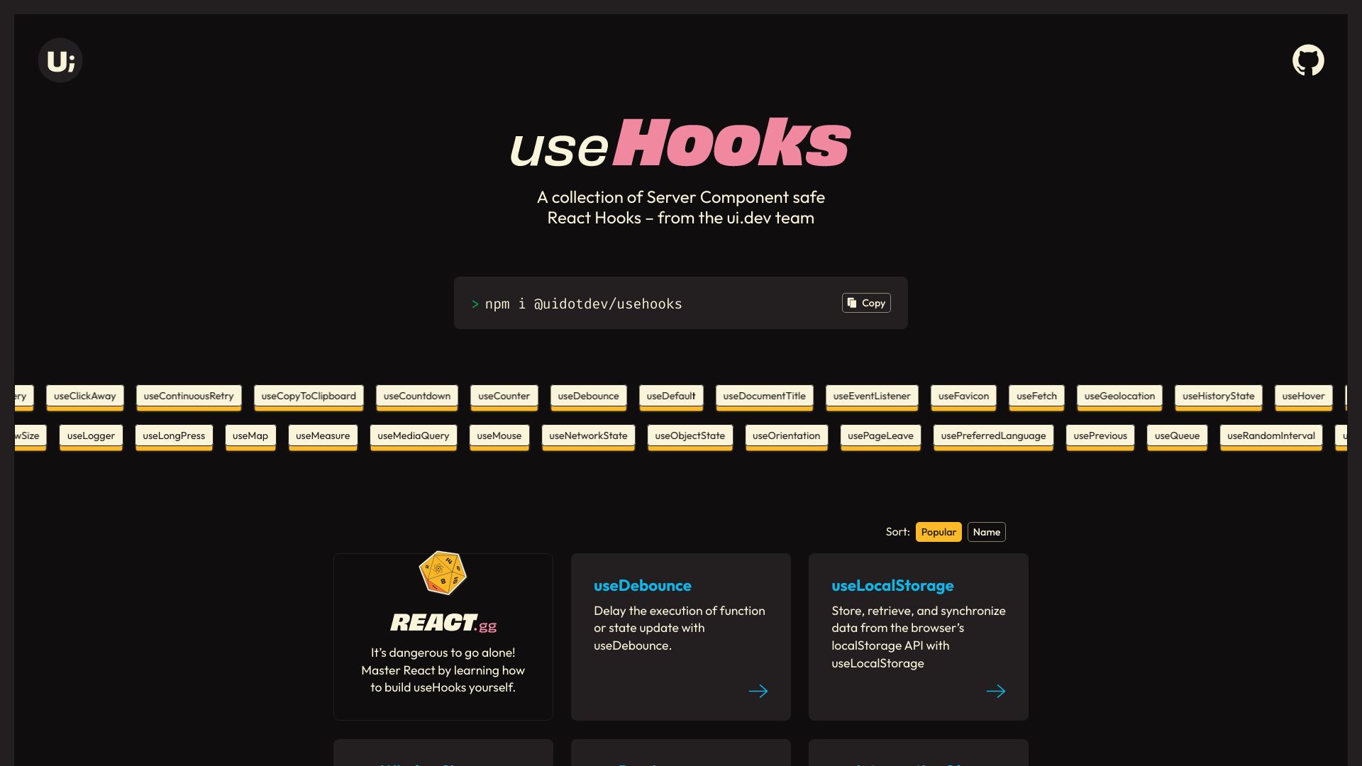 Screenshot of usehooks.com: UseHooks – A Collection of Server Component Safe React Hooks