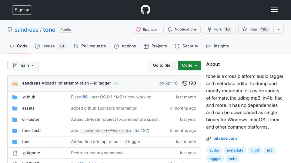 Screenshot of github.com: Tone: Cross platform audio tagger and metadata editor