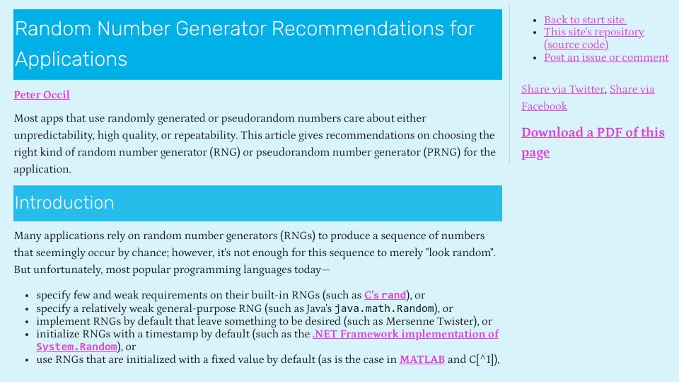 Screenshot of peteroupc.github.io: Random Number Generator Recommendations for Applications