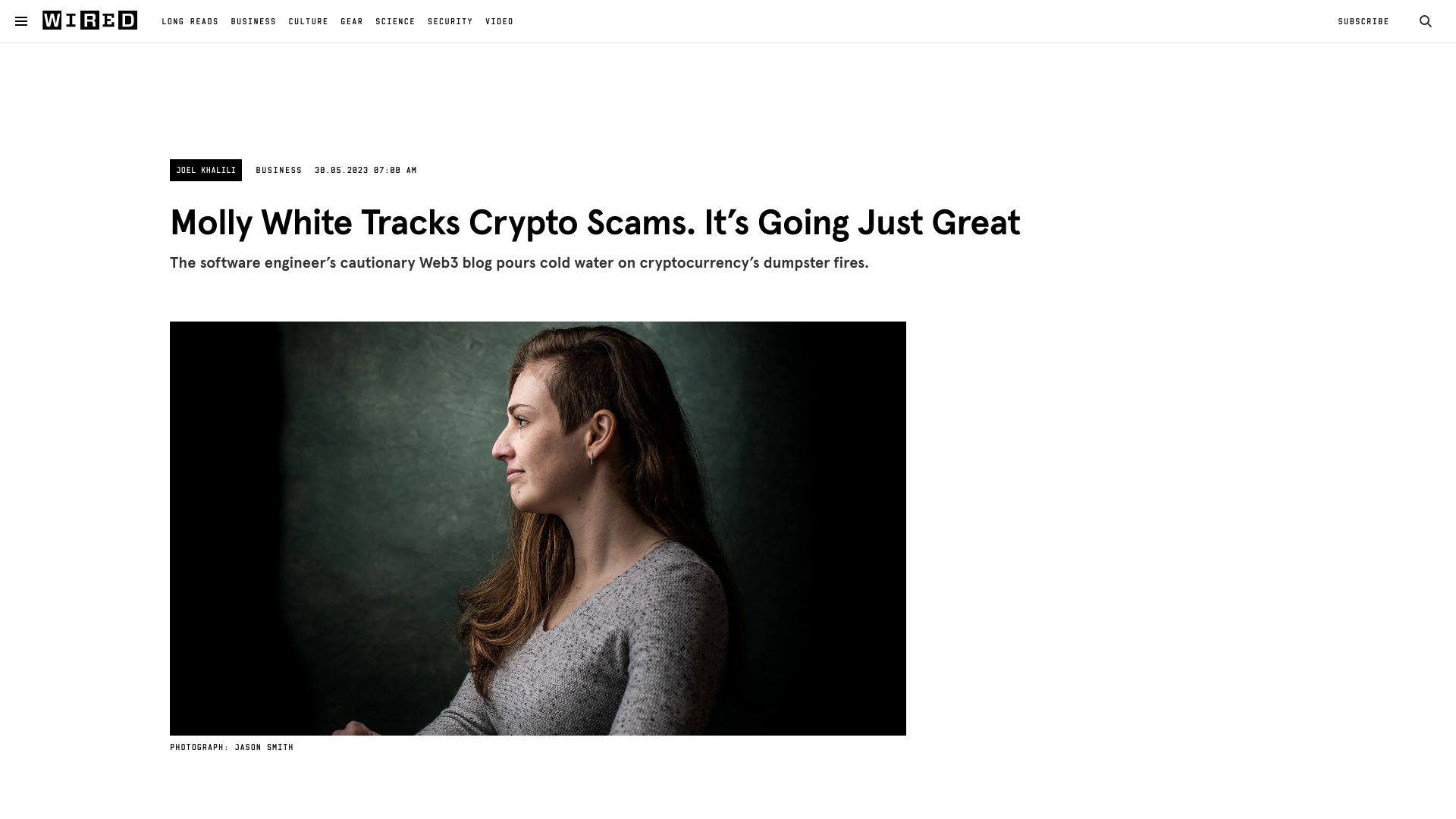 Screenshot of wired.co.uk: Molly White Tracks Crypto Scams. It’s Going Just Great