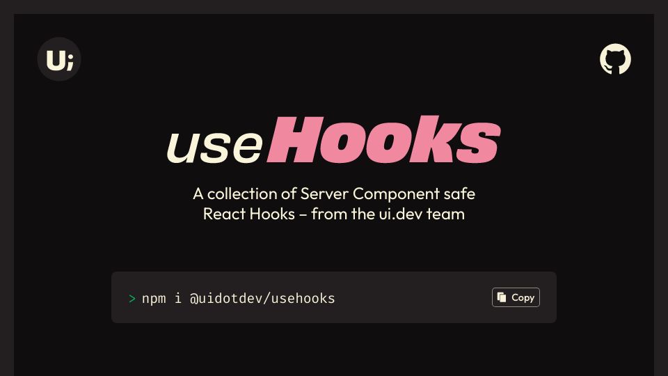 Screenshot of usehooks.com: UseHooks – A Collection of Server Component Safe React Hooks