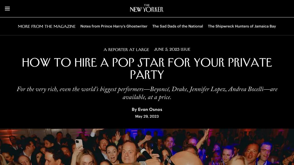 Screenshot of newyorker.com: How to hire a pop star for your private party