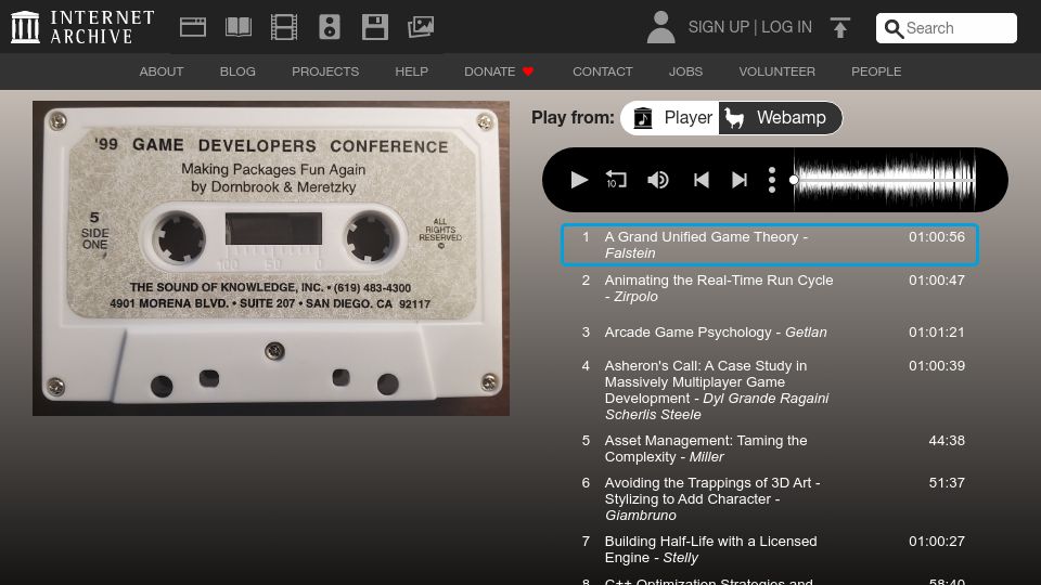 Screenshot of archive.org: 1999 Game Developers Conference (GDC) Recordings Archive