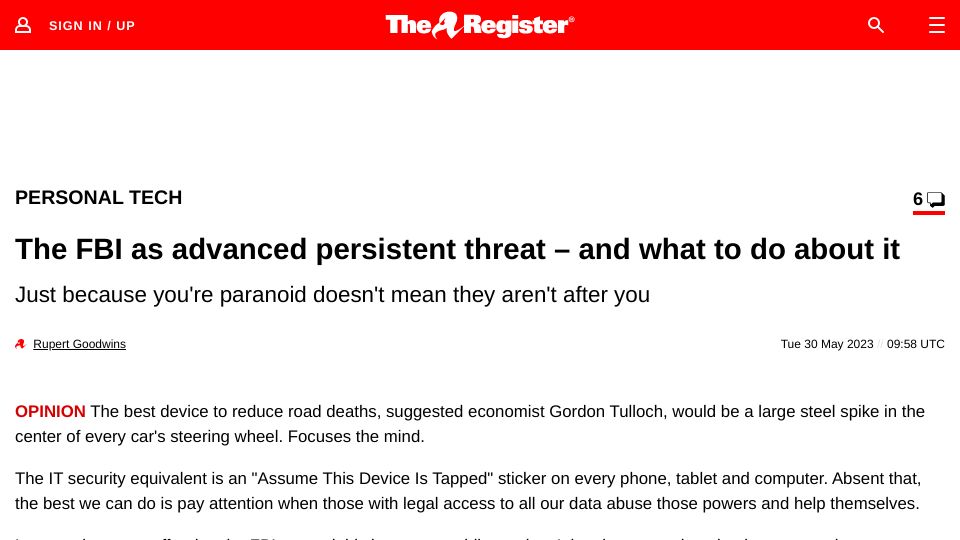 Screenshot of theregister.com: The FBI as advanced persistent threat