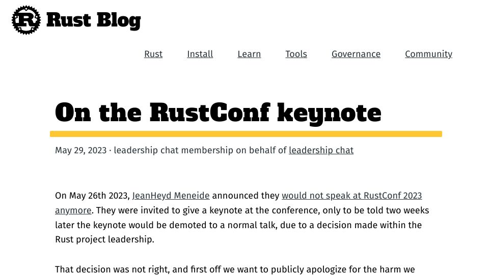 Screenshot of blog.rust-lang.org: On the RustConf Keynote