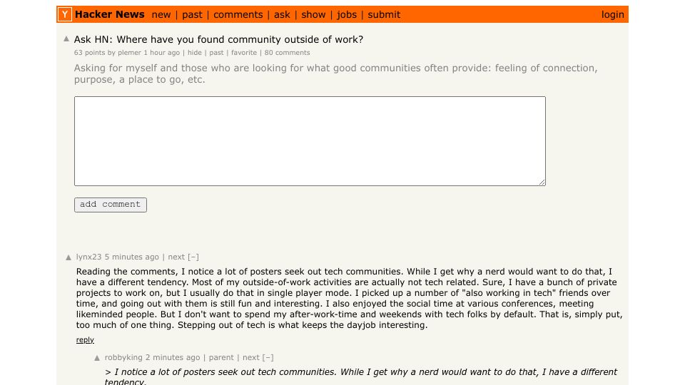 Screenshot of Hacker News post: Ask HN: Where have you found community outside of work?