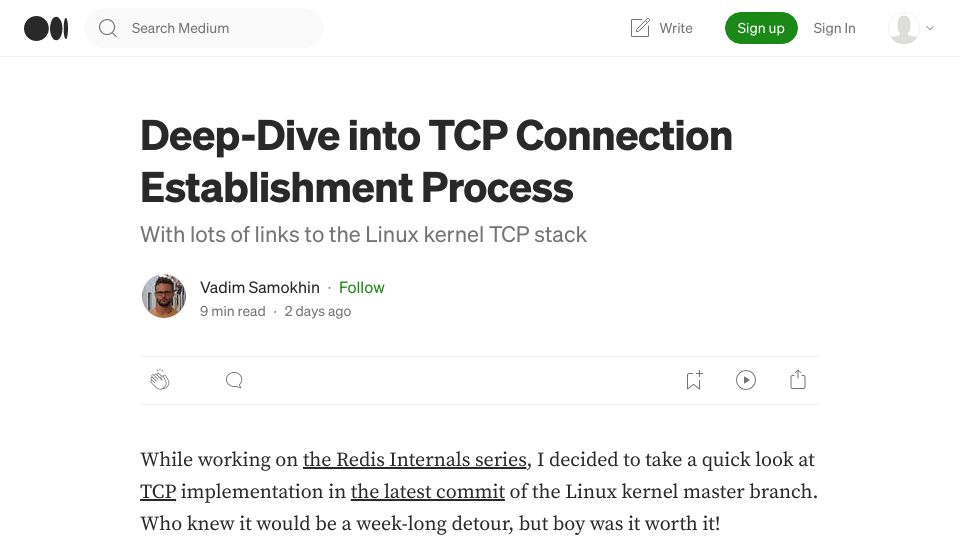 Screenshot of medium.com: Deep-Dive into the Internals of TCP Connection Establishment Process
